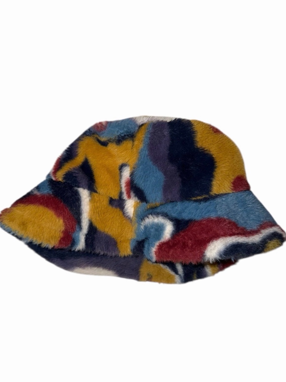 NWOT Colorful Faux Fur Bucket Hat 
Multi-Color Abstract Pattern